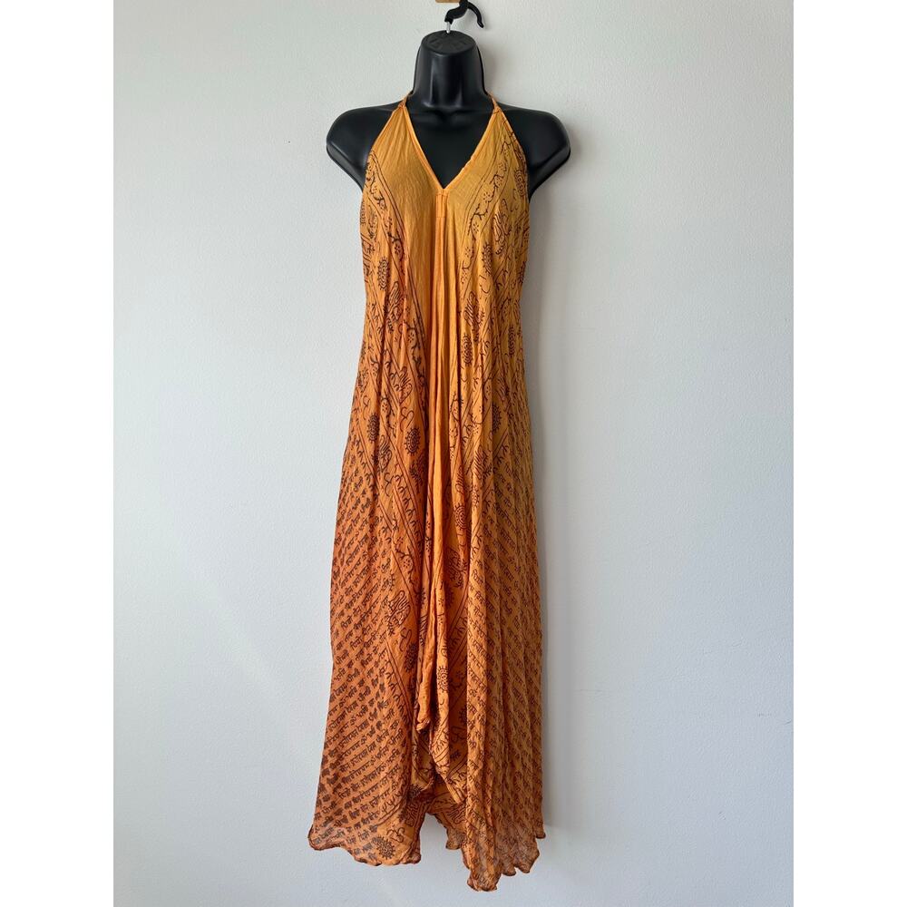 Vintage Y2K Boho Halter Handkerchief Hem Sheer Maxi Dress Orange M